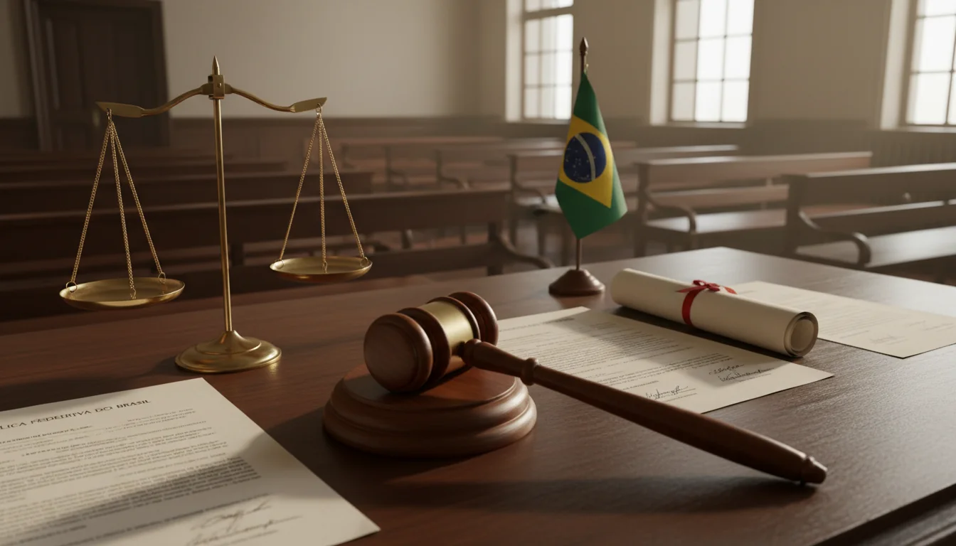 Gavel and scales in Brazilian courtroom.
