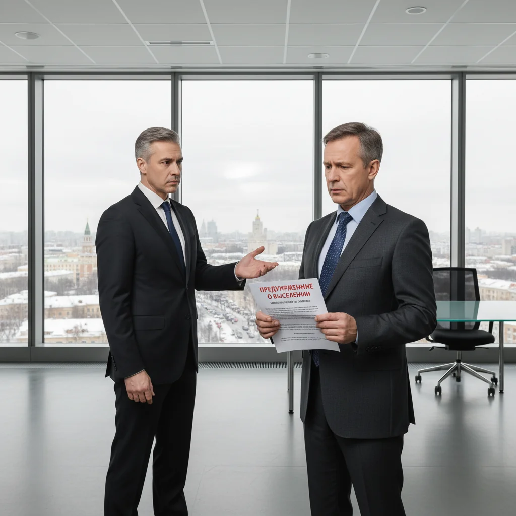 A professional scene in a modern Russian commercial office building, showing a business owner or tenant looking concerned while reviewing a formal notice with a real estate agent, symbolizing the process of eviction warning from non-residential premises, photorealistic style, no children present.