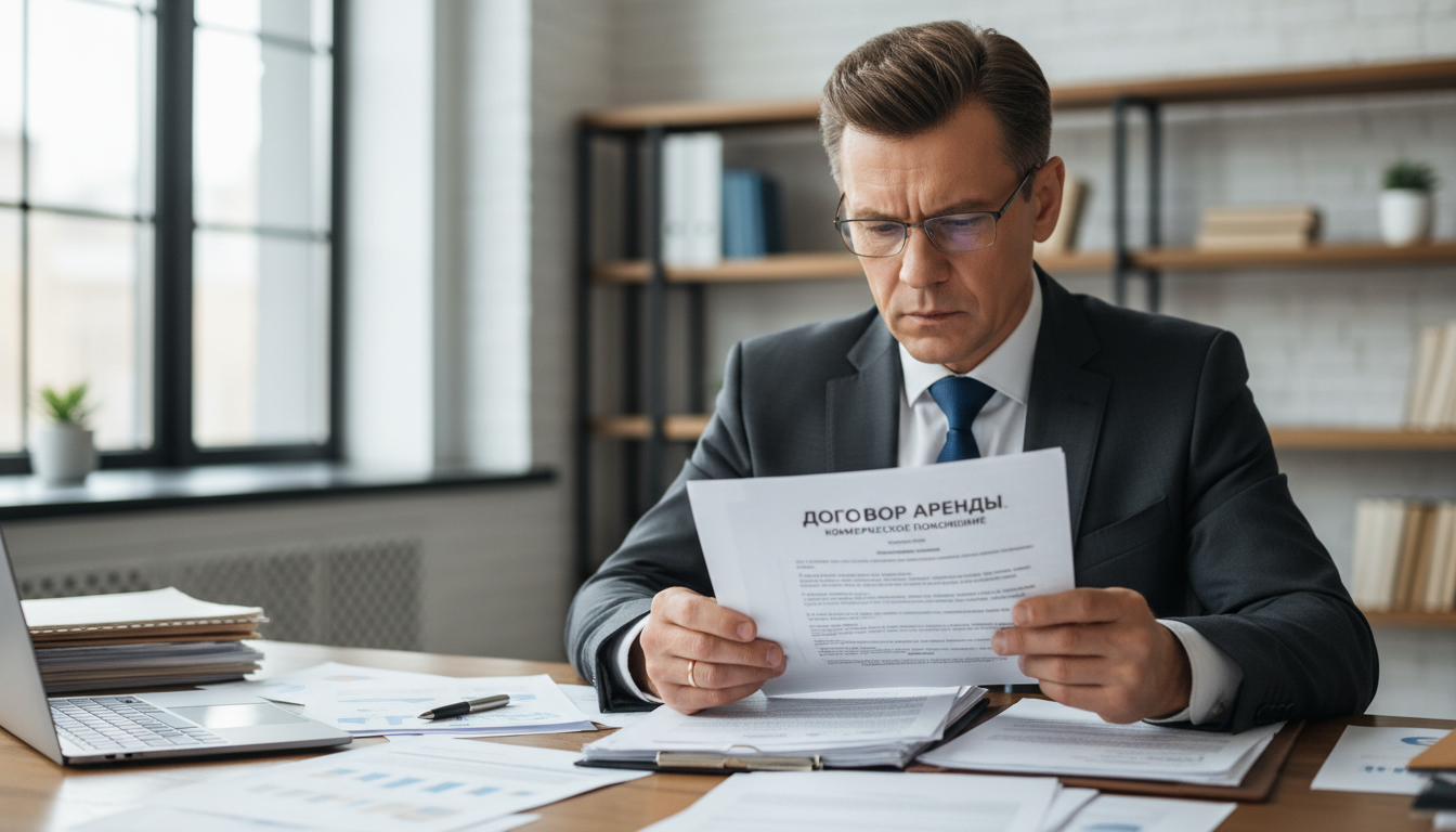 Business owner reading lease agreement.