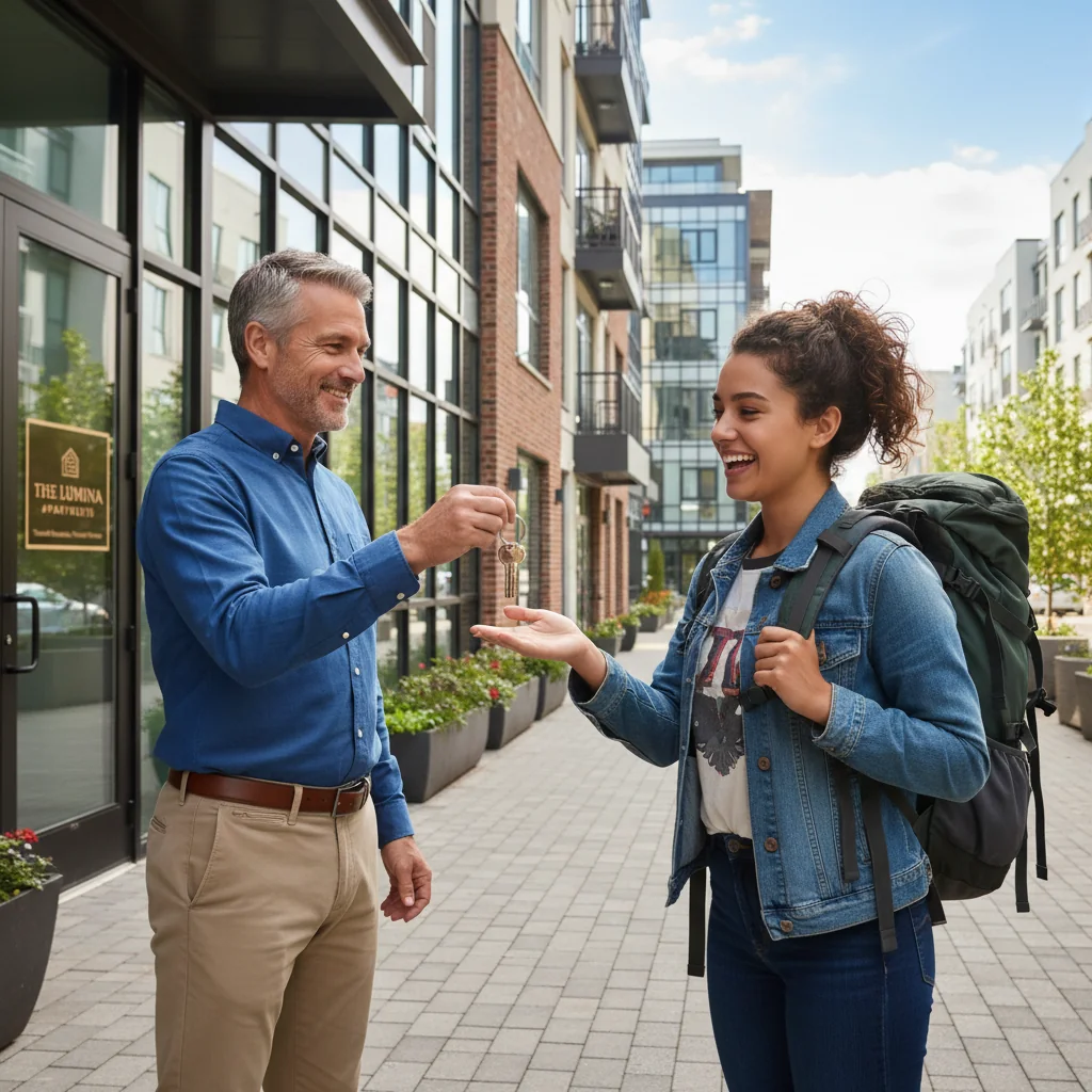 A photorealistic image of a friendly landlord handing over keys to a smiling adult tenant in front of a modern apartment building, symbolizing a positive rental reference and successful tenancy transition.