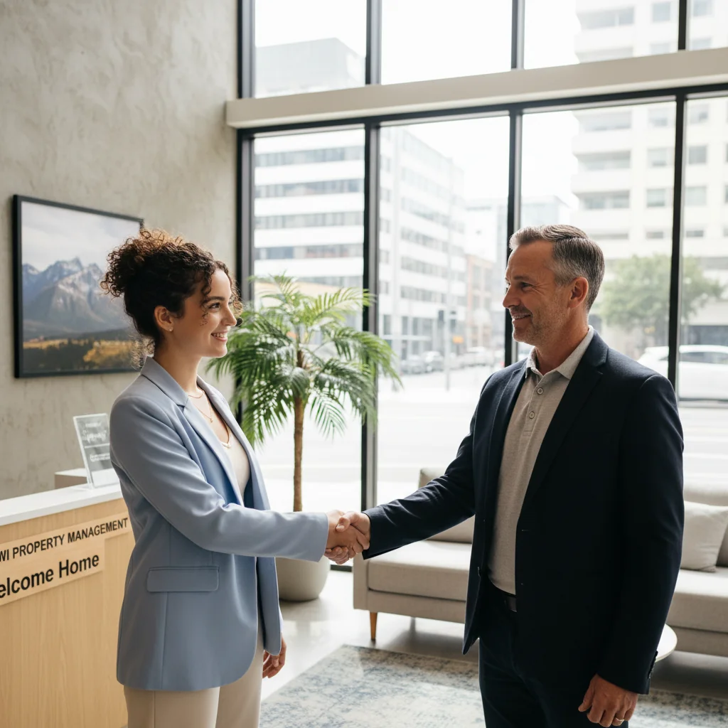 A photorealistic image of a young adult woman in her mid-20s, with a relieved and happy expression, shaking hands with a middle-aged male landlord in a modern New Zealand apartment building lobby. The scene conveys trust and successful rental agreement, with subtle New Zealand elements like a fern motif in the background decor. No children or documents are visible.