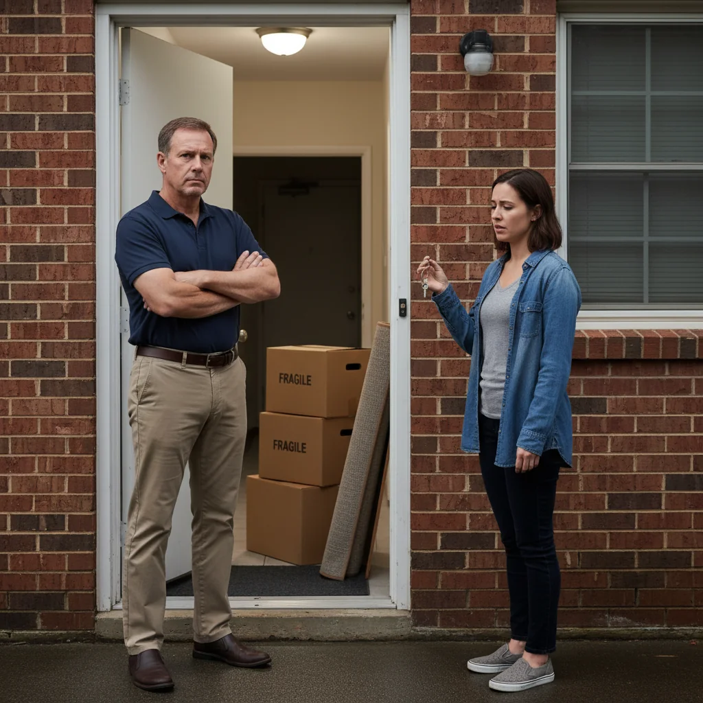 A photorealistic image depicting a tense landlord-tenant interaction in a residential setting, symbolizing the eviction process without focusing on legal documents. An adult landlord stands at the door of an apartment, speaking seriously with an adult tenant who looks concerned, with moving boxes nearby indicating relocation.