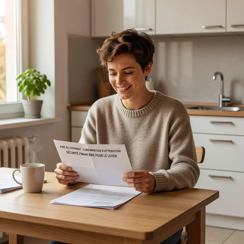 A photorealistic image representing the purpose of a rent attestation for CAF in France, showing a young adult tenant in a modern apartment, looking relieved while checking mail or a document on a table, symbolizing housing support and financial assistance for rent, no children present, no legal documents visible.