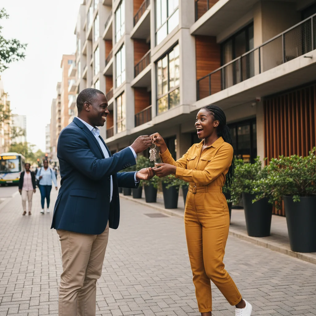 A photorealistic image of a professional adult landlord in South Africa handing over keys to a smiling adult tenant in front of a modern apartment building, symbolizing a successful rental agreement and positive reference.