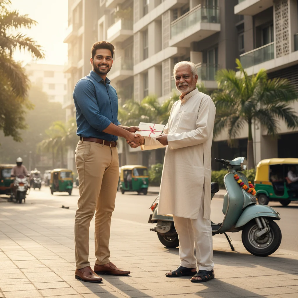 A photorealistic image of an adult tenant in India receiving a reference letter from a satisfied landlord, symbolizing trust and rental agreement success, with Indian urban apartment background, no children present.