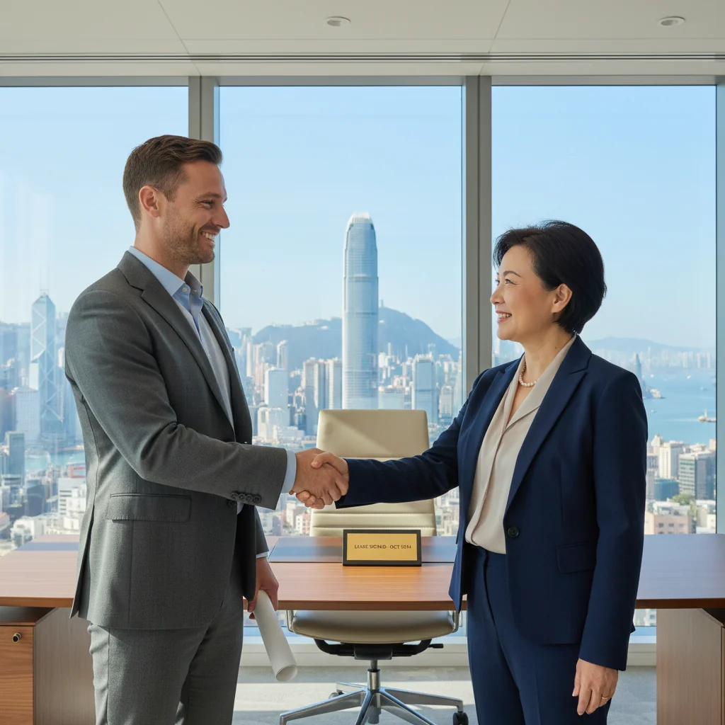 A photorealistic image of a professional adult in a modern Hong Kong office setting, shaking hands with a satisfied landlord figure, symbolizing successful tenant recommendation and trust in the rental process. The scene conveys positivity and agreement without showing any legal documents.