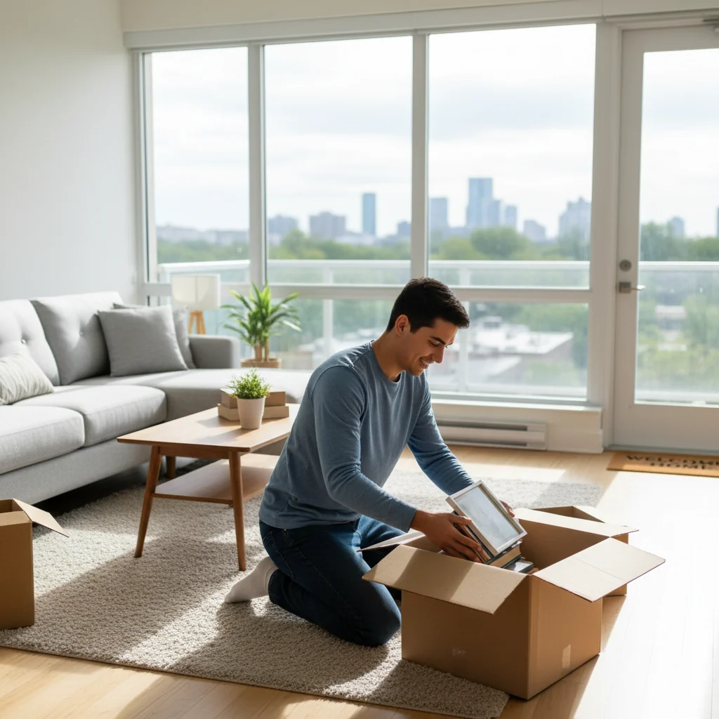 A photorealistic image of a young adult tenant happily moving into a modern apartment, unpacking boxes in a cozy living room with natural light, symbolizing the excitement of renting and the trust built through recommendations like a landlord reference letter.