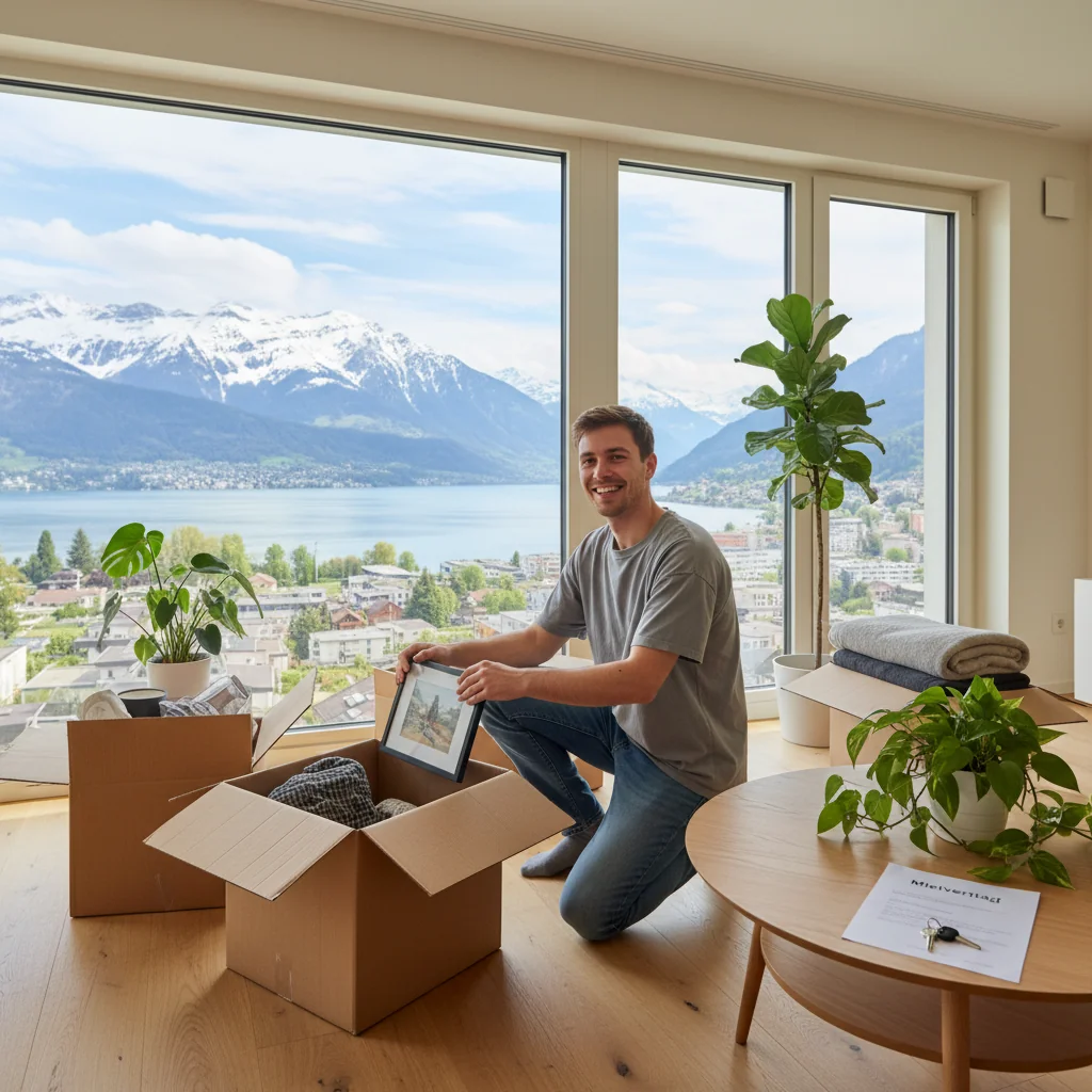 A photorealistic image of a young adult tenant happily unpacking boxes in a cozy Swiss apartment, with mountain views visible through the window, symbolizing moving into a new home and the positive tenant reference that enables it.