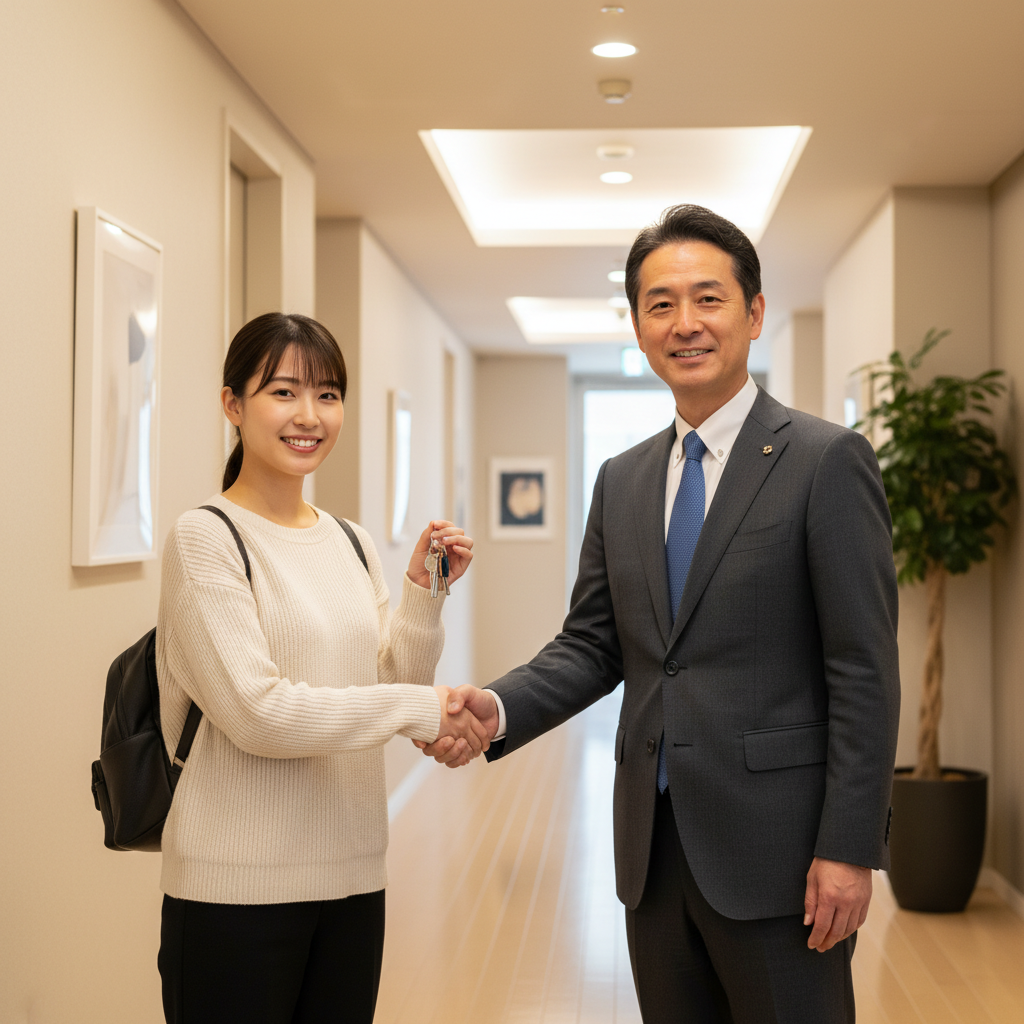 A photorealistic image of a professional landlord shaking hands with a tenant in a modern apartment hallway, symbolizing the confirmation and agreement process for property ownership verification, with warm lighting and a welcoming atmosphere.