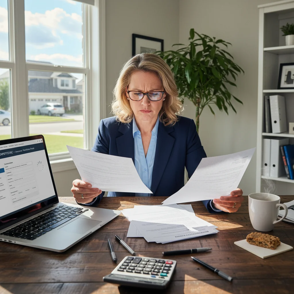 A photorealistic image of a frustrated adult professional sitting at a desk in a modern office, surrounded by scattered paperwork and a computer screen displaying a real estate or rental agreement form, symbolizing common errors in preparing homeowner confirmation documents, with a subtle expression of problem-solving as they review the documents.