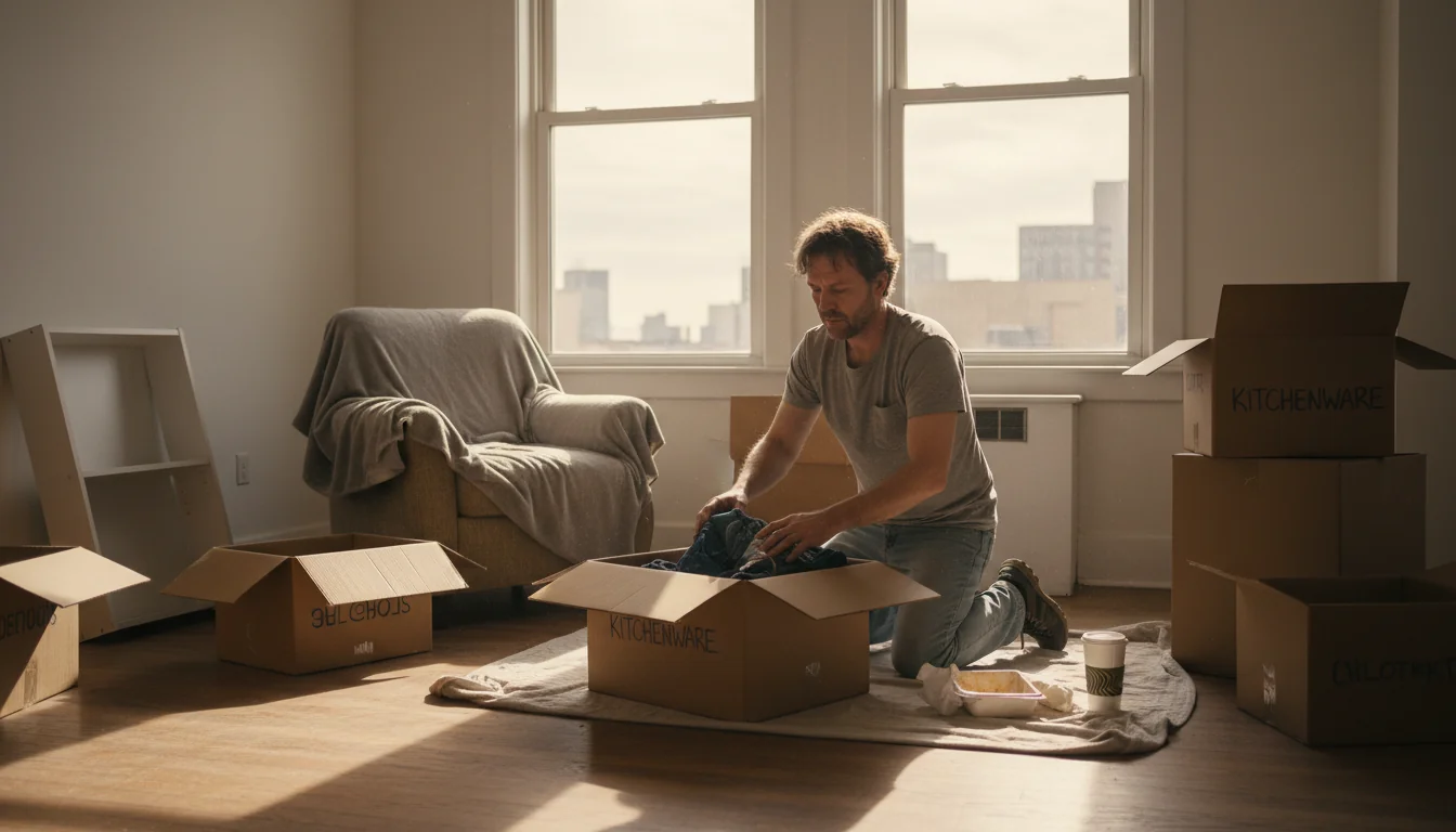 Tenant packing boxes during eviction