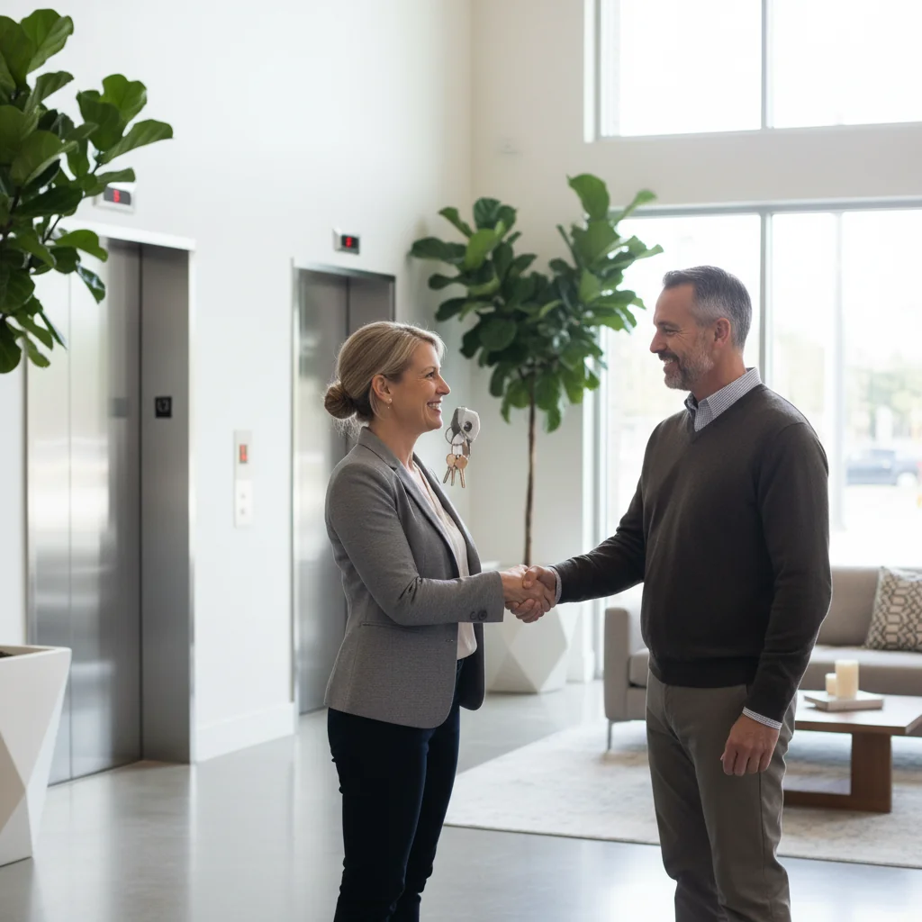 A photorealistic image of a happy adult tenant receiving keys to a new apartment from a smiling landlord in a modern residential building lobby, symbolizing a successful rental agreement and positive landlord recommendation.