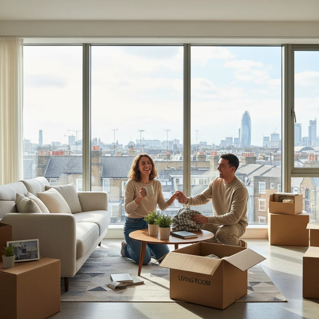 A photorealistic image of a young adult couple happily moving into a modern UK apartment, unpacking boxes and smiling at each other in a bright living room with large windows overlooking a cityscape, symbolizing the trust and security provided by reliable tenant references in the rental process.