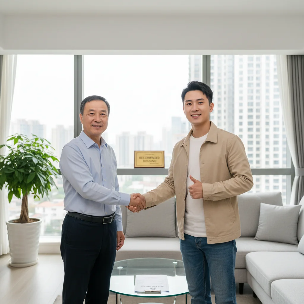 A photorealistic image depicting a positive interaction between an adult Chinese landlord and a prospective adult tenant in a modern apartment setting, symbolizing trust and recommendation for rental, with no focus on documents, no children present, and a welcoming atmosphere.