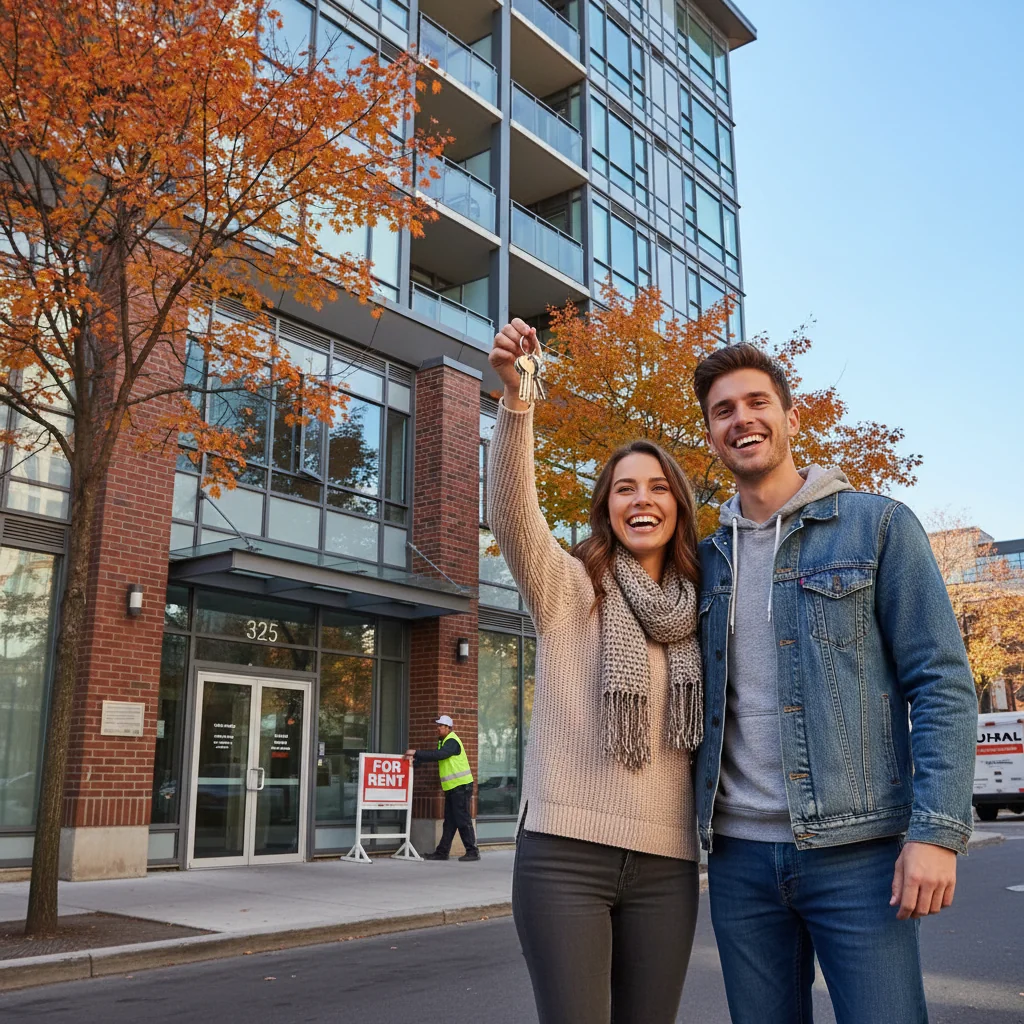 A photorealistic image of a young adult couple standing in front of a modern Canadian apartment building, smiling confidently while holding a set of keys, symbolizing successful renting and the positive role of landlord references in securing a new home. The scene is set on a sunny day in an urban neighborhood, evoking trust and new beginnings in the rental process.