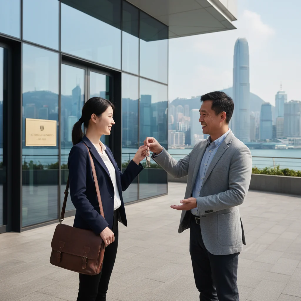 A photorealistic image of a young adult tenant happily receiving keys to a modern apartment from a smiling landlord in a sunny urban setting in Hong Kong, symbolizing trust and successful rental agreement facilitated by a recommendation letter, with no children present.