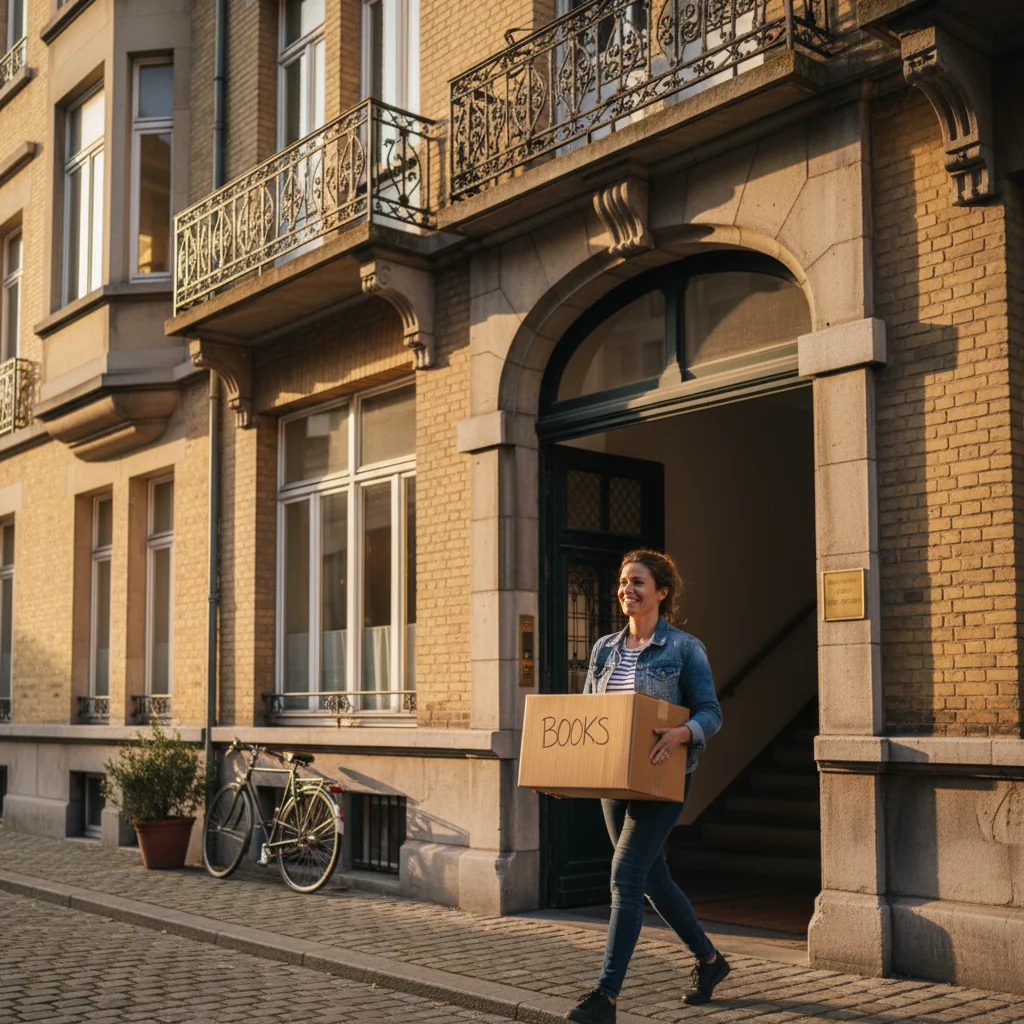 A photorealistic image of a happy adult tenant moving into a cozy apartment in Belgium, symbolizing good tenancy and reliability, with Belgian architectural elements in the background like cobblestone streets or a typical Belgian townhouse, no children present.