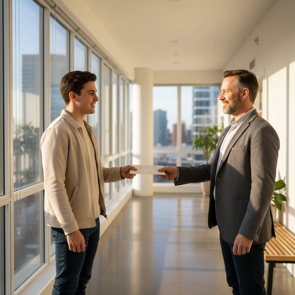 A photorealistic image of a smiling adult tenant receiving a positive reference letter from a landlord in a modern Canadian apartment building setting, symbolizing trust and successful tenancy without focusing on the document itself.