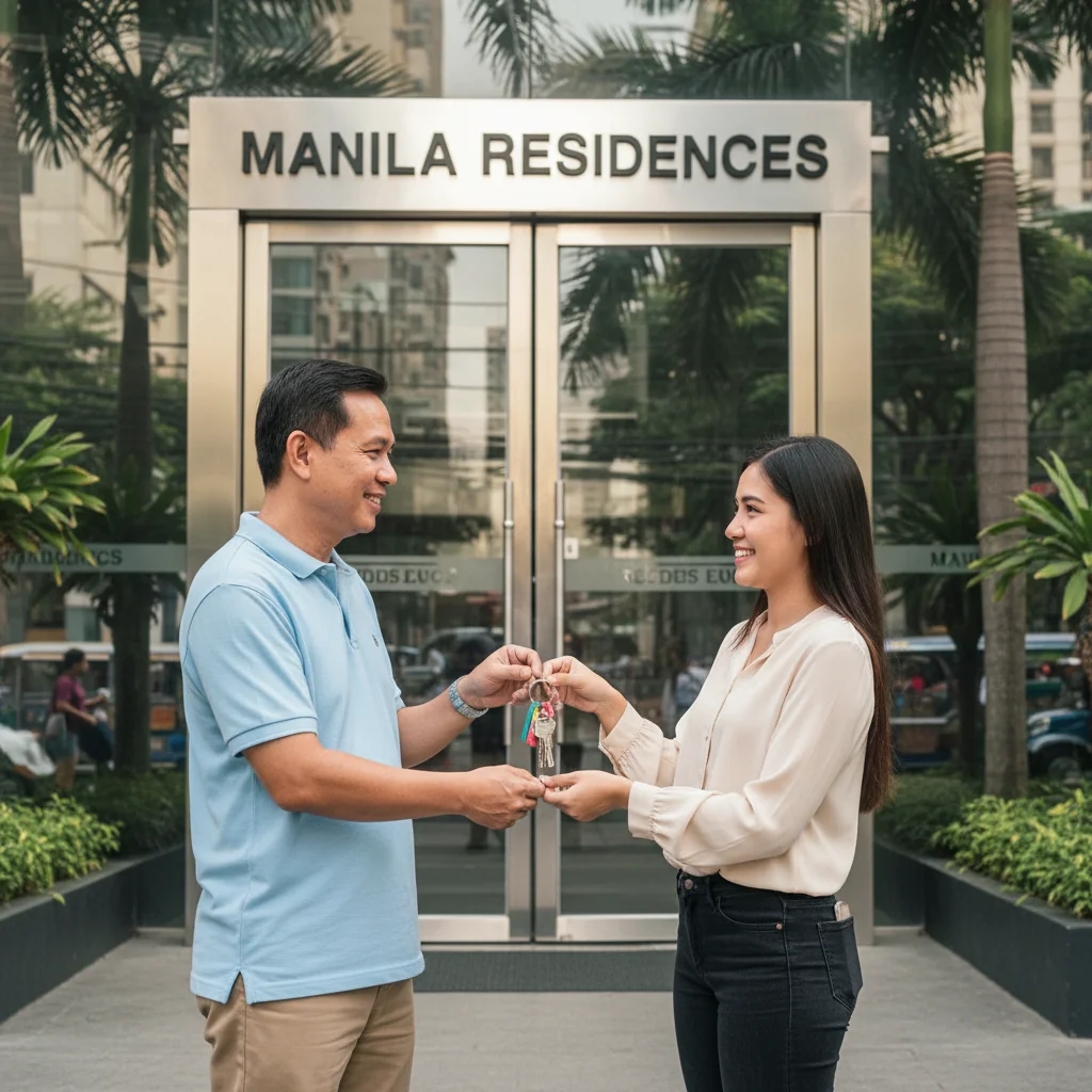 A photorealistic image of a smiling adult tenant receiving keys to a new apartment from a friendly adult landlord in a modern Philippine urban setting, symbolizing successful rental approval and positive landlord reference, with no children present.