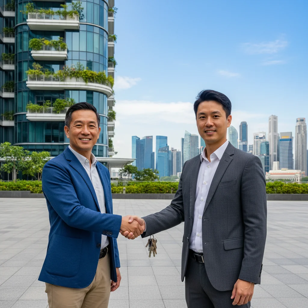 A photorealistic image of a smiling adult tenant receiving keys to a modern Singapore apartment from a friendly landlord, symbolizing a successful rental agreement and positive reference, with urban Singapore skyline in the background, no children present.
