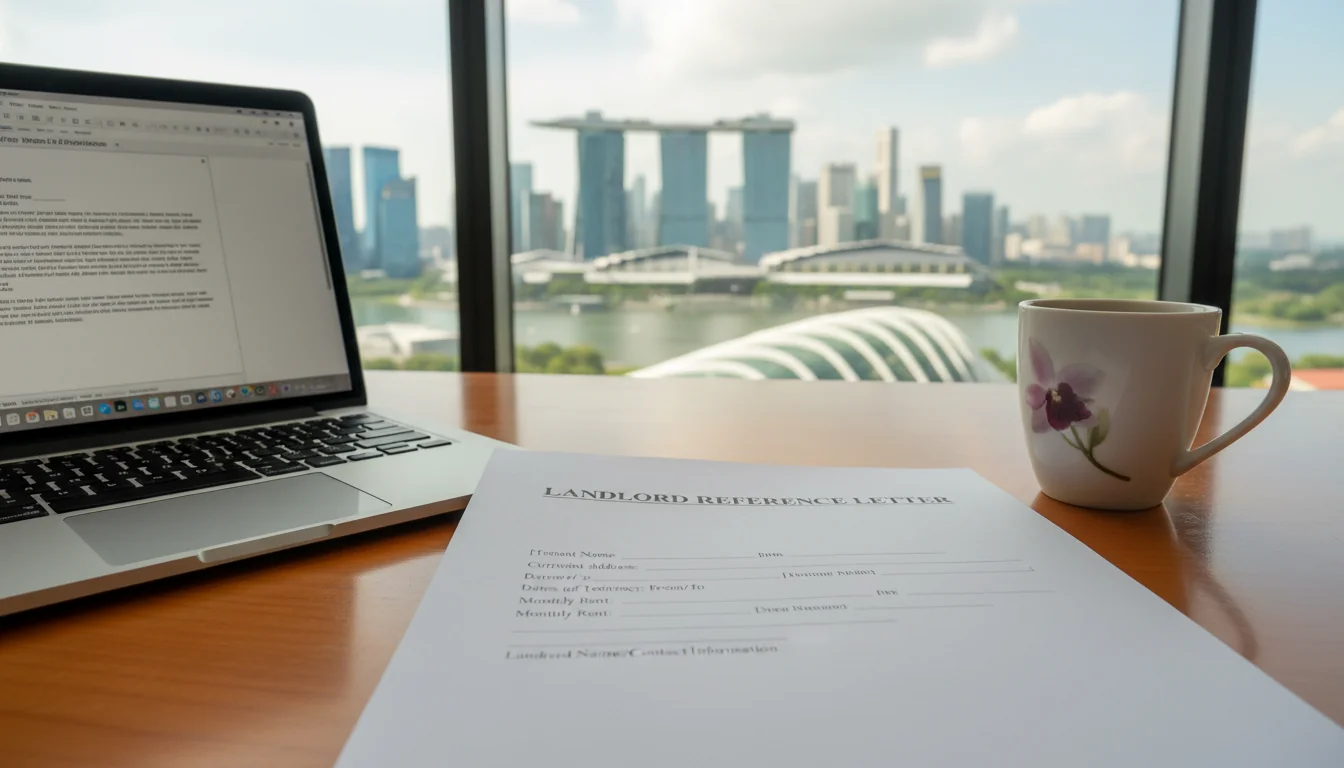 Template letter on desk with Singapore skyline