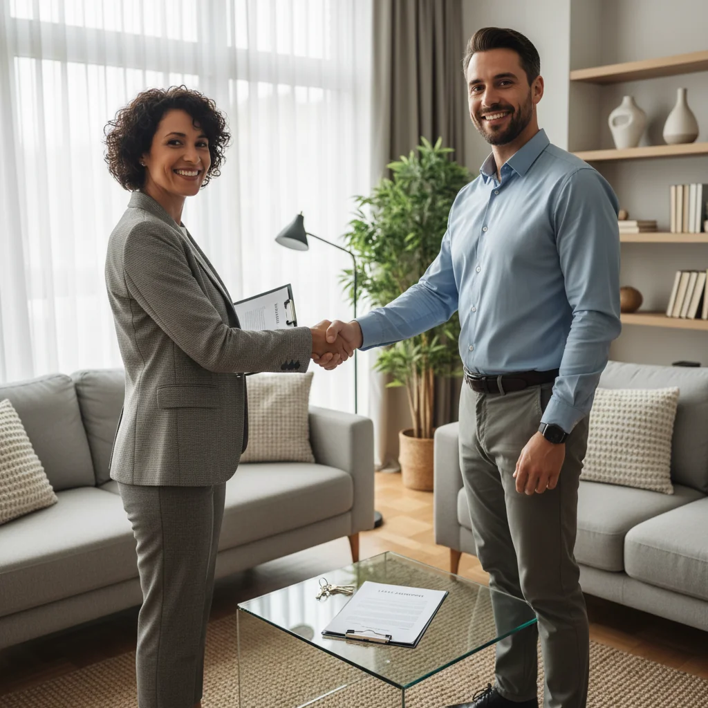 A photorealistic image depicting a professional landlord and tenant shaking hands in a modern apartment setting, symbolizing agreement and confirmation for a housing rental, with no children present and no visible documents.
