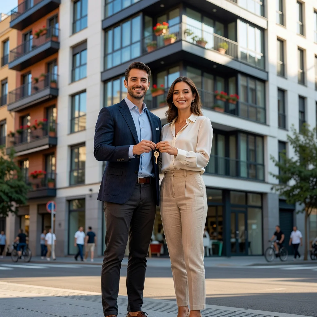 A photorealistic image depicting a successful young adult professional couple standing in front of their new modern apartment building in a vibrant Spanish city neighborhood, smiling confidently with keys in hand, symbolizing the positive outcome of a smooth rental process facilitated by a landlord's recommendation letter, no children present.