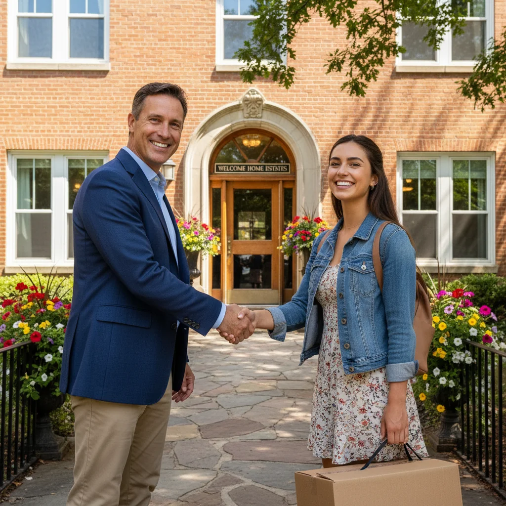 A photorealistic image of an adult landlord and a prospective adult tenant engaged in a friendly handshake outside a modern apartment building, symbolizing trust and agreement in a rental recommendation context. The scene conveys reliability and positive landlord-tenant relations without showing any legal documents.