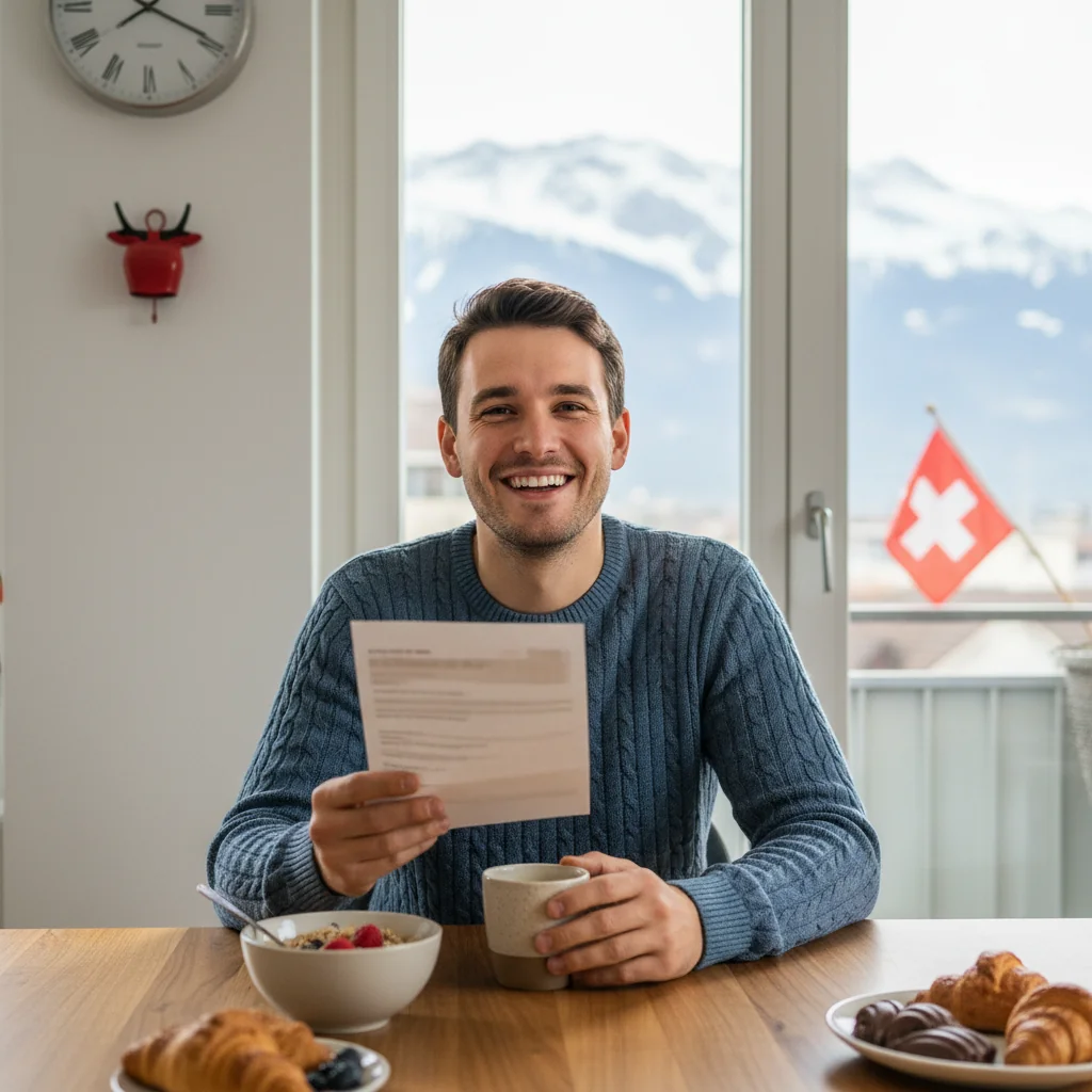 A photorealistic image of a young Swiss adult tenant in a modern apartment, looking relieved while reviewing a positive tenant reference document on a table, with Swiss Alps visible through the window, symbolizing security in renting.