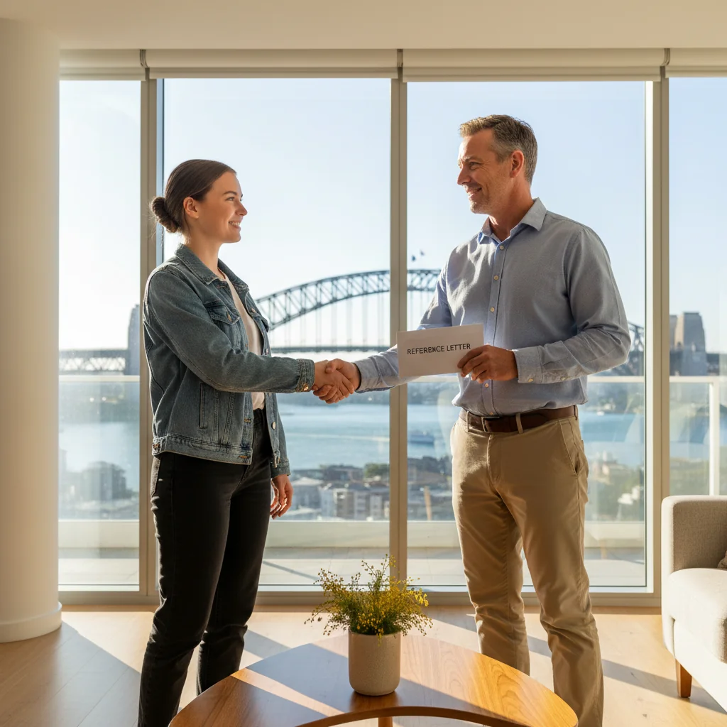 A photorealistic image of a young adult Australian tenant receiving a positive reference letter from a satisfied landlord in a modern Sydney apartment, symbolizing trust and smooth rental process in Australia, with city skyline in the background. No children present.
