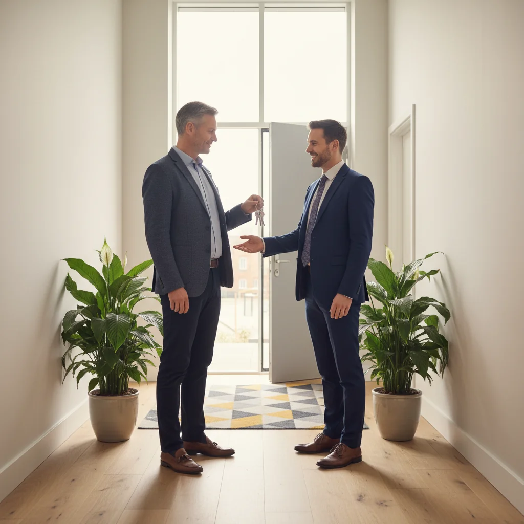 A photorealistic image of a smiling adult tenant receiving keys to a new UK apartment from a professional landlord in a modern residential building hallway, symbolizing successful tenancy transition and positive landlord reference.