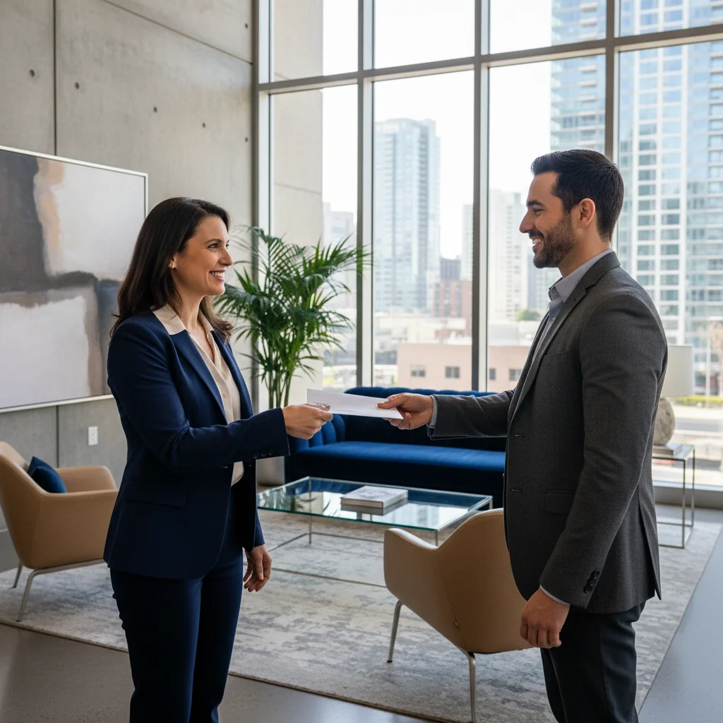 A photorealistic image depicting a professional adult tenant receiving a positive landlord reference letter from a previous landlord, symbolizing trust and reliability in the US rental application process. The scene shows two adults shaking hands in a modern apartment building lobby, with subtle background elements like a lease agreement on a table, emphasizing the importance of references without focusing on the document itself.