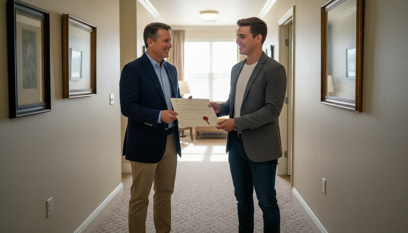 Landlord handing reference letter to tenant