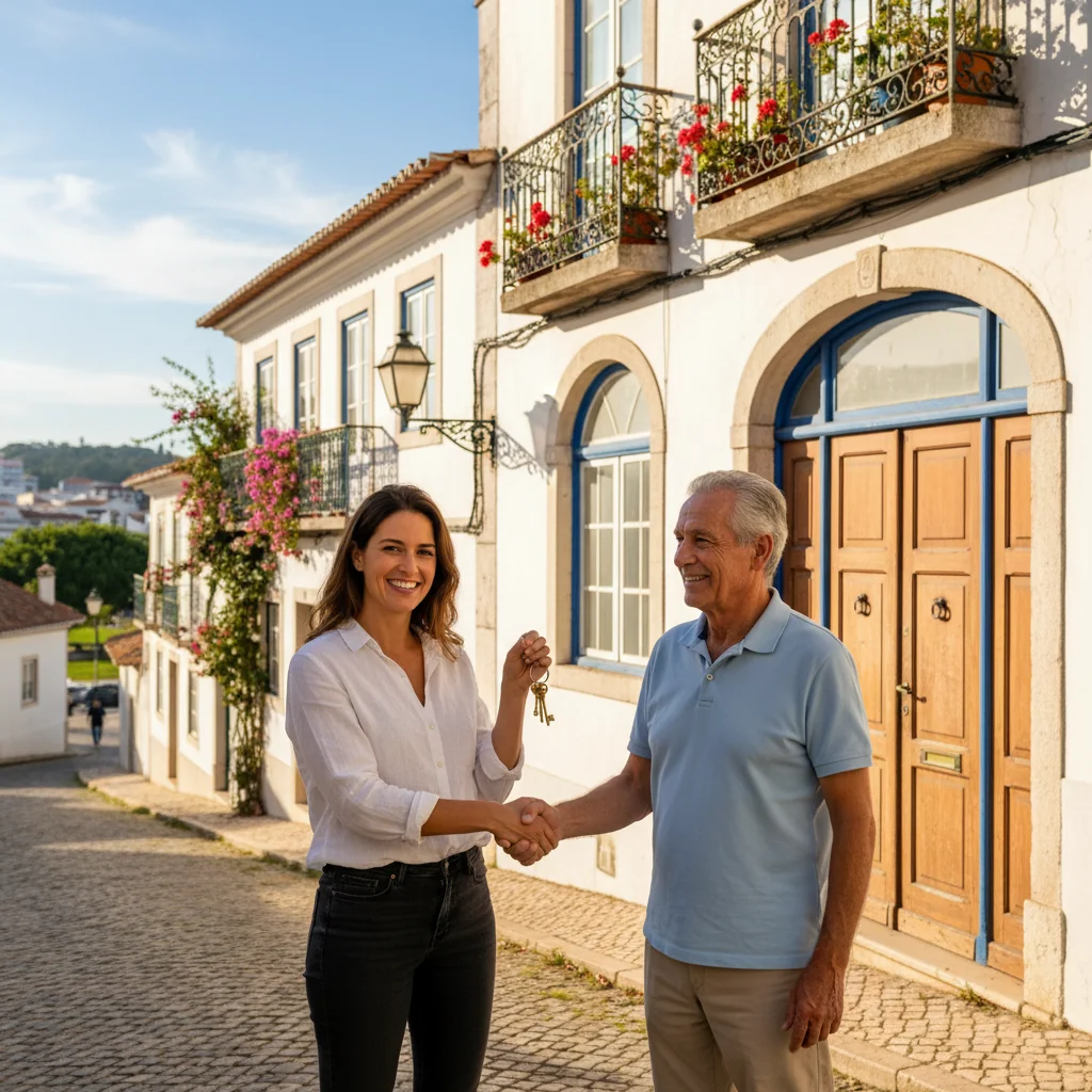 A photorealistic image depicting a happy adult tenant receiving keys to a new apartment from a smiling landlord in Portugal, symbolizing a successful rental agreement and recommendation. The scene is set outside a typical Portuguese residential building with warm sunlight, conveying trust and positive housing experience. No children are present in the image.