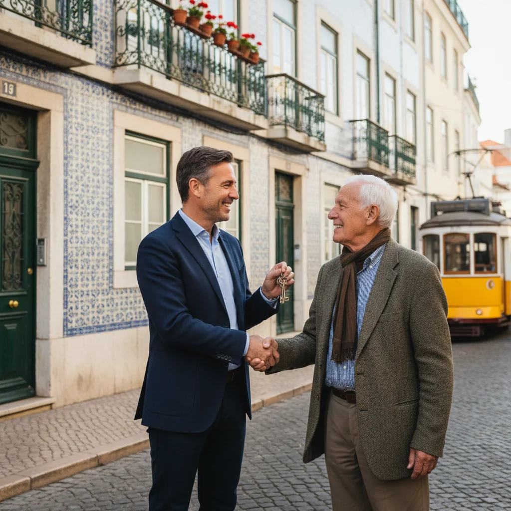 A photorealistic image depicting a satisfied adult tenant handing over keys to a new apartment in Portugal, with a friendly landlord smiling in the background, symbolizing trust and recommendation in the rental process. The scene is set in a modern Portuguese urban setting with subtle national elements like tiled facades, under a clear blue sky.