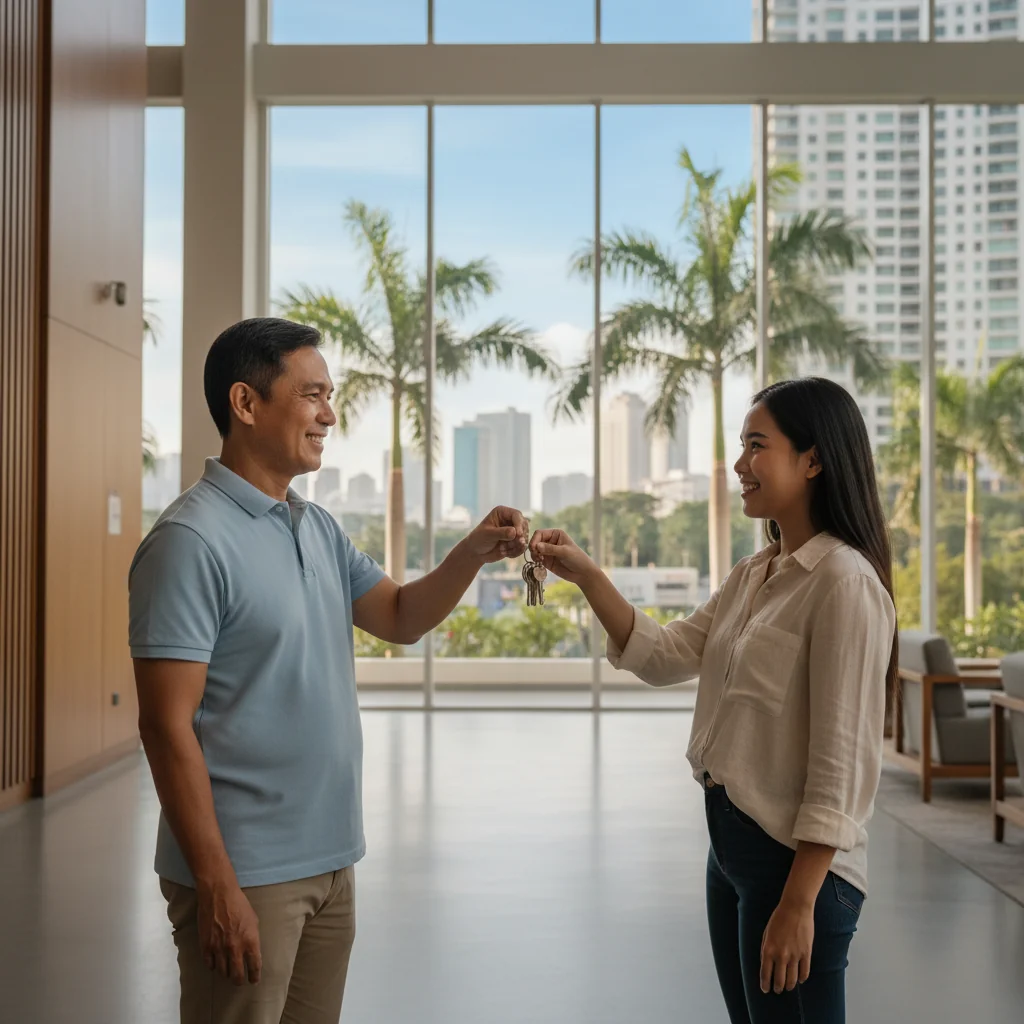 A photorealistic image of a smiling adult landlord handing over keys to an adult tenant in a modern Philippine apartment building, symbolizing a successful rental agreement and positive reference for tenancy.