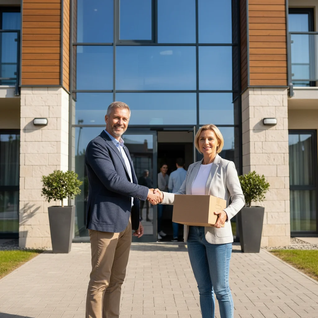 A photorealistic image depicting a satisfied adult tenant moving into a modern apartment, shaking hands with a professional landlord in front of the building entrance, symbolizing trust and rental agreement, with no children present.