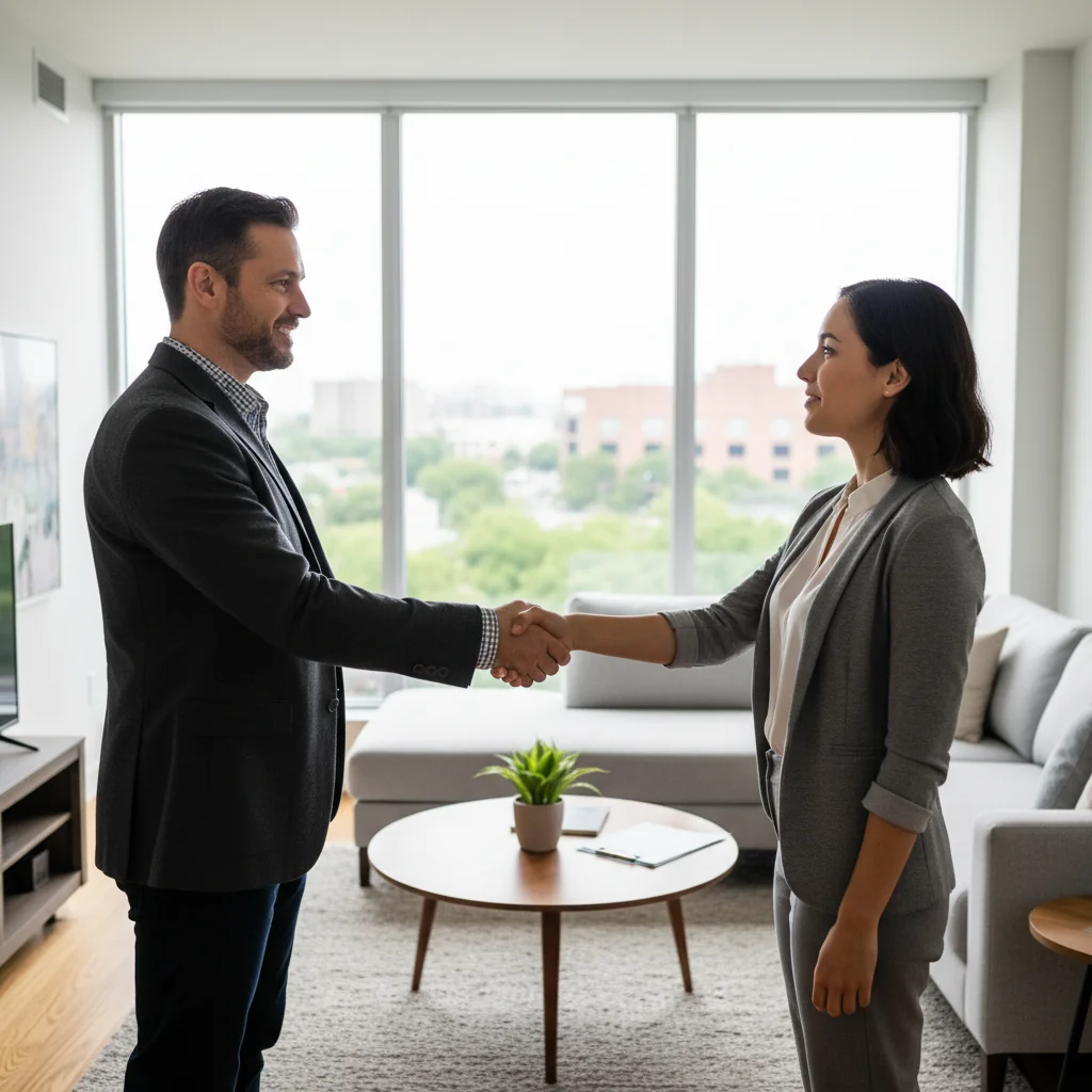 A photorealistic image of an adult tenant and landlord shaking hands in a modern apartment living room, symbolizing agreement and confirmation for rental purposes, with natural lighting and detailed realistic textures, no children present.