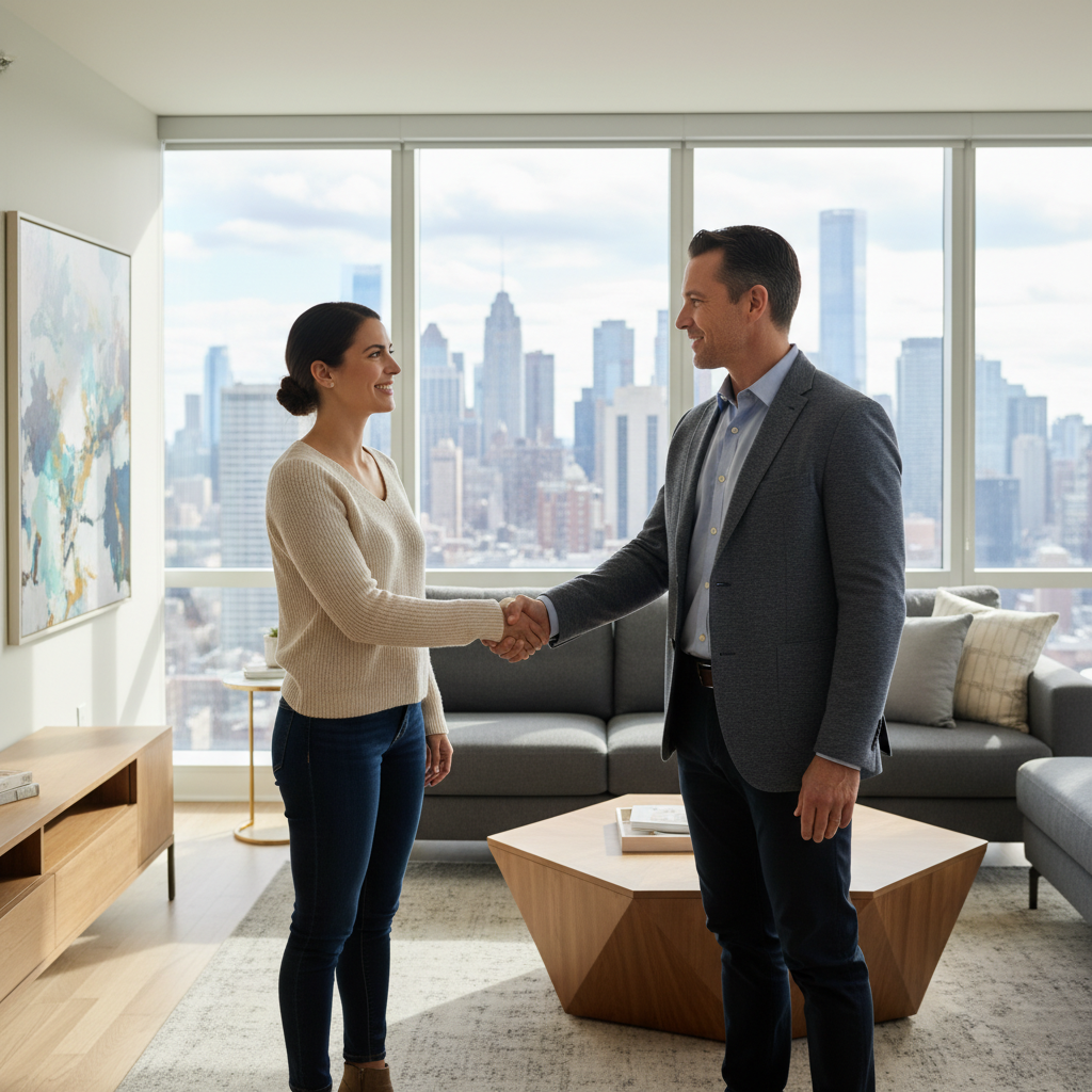 A photorealistic image of a professional landlord and a tenant shaking hands in a modern apartment setting, symbolizing the verification and confirmation process in rental agreements, with a warm and trustworthy atmosphere, no children present.