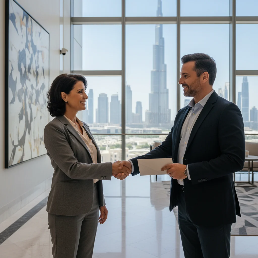A photorealistic image of a professional adult tenant in Dubai receiving a reference letter from their landlord, symbolizing the purpose of obtaining a rental reference letter for relocation or new tenancy in the UAE, with modern Dubai skyline in the background, no children present.