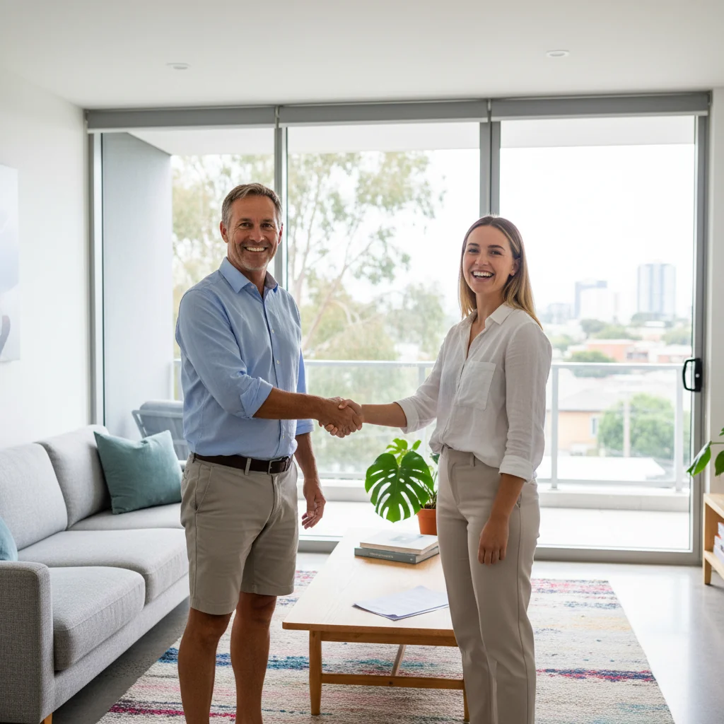 A photorealistic image of a professional landlord and tenant shaking hands in a modern Australian rental apartment, symbolizing a positive tenancy reference and successful rental agreement.