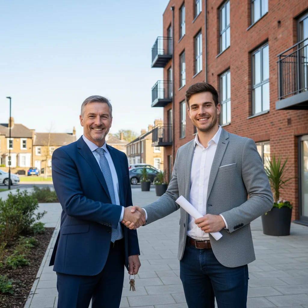 A photorealistic image of a smiling UK landlord shaking hands with a happy adult tenant in front of a modern apartment building, symbolizing a successful rental agreement and positive reference.