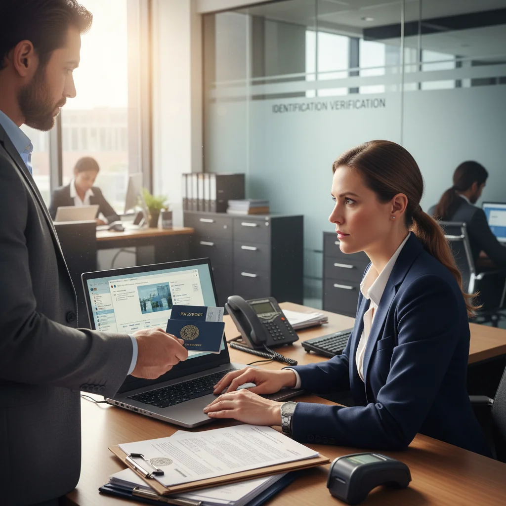 A photorealistic image of an adult administrative professional in a modern government office, confidently handling paperwork and interacting with a citizen at a service desk, symbolizing the verification process in administrative procedures, no children present, high detail and realistic lighting.