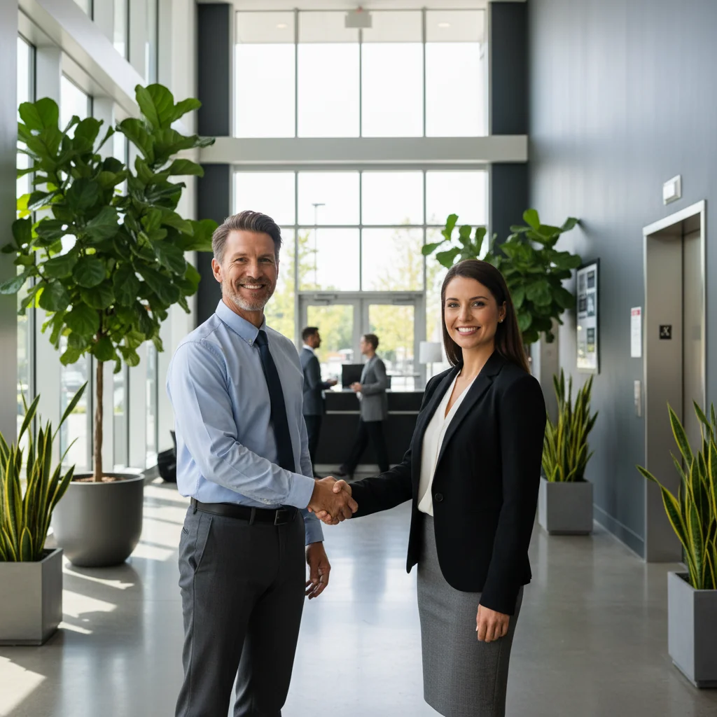A photorealistic image of a satisfied adult tenant receiving a certificate of good tenancy from a smiling landlord in a modern apartment building lobby, symbolizing quick and positive rental verification without showing the document itself.