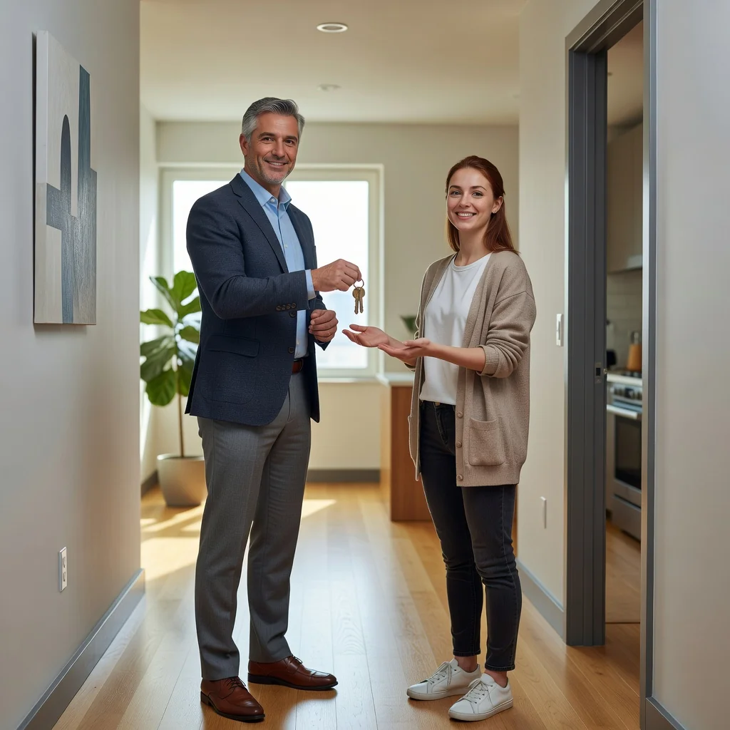 A photorealistic image depicting a successful landlord-tenant relationship in a modern apartment setting, showing an adult tenant happily receiving keys from a smiling adult landlord, symbolizing trust and recommendation for rental agreements.