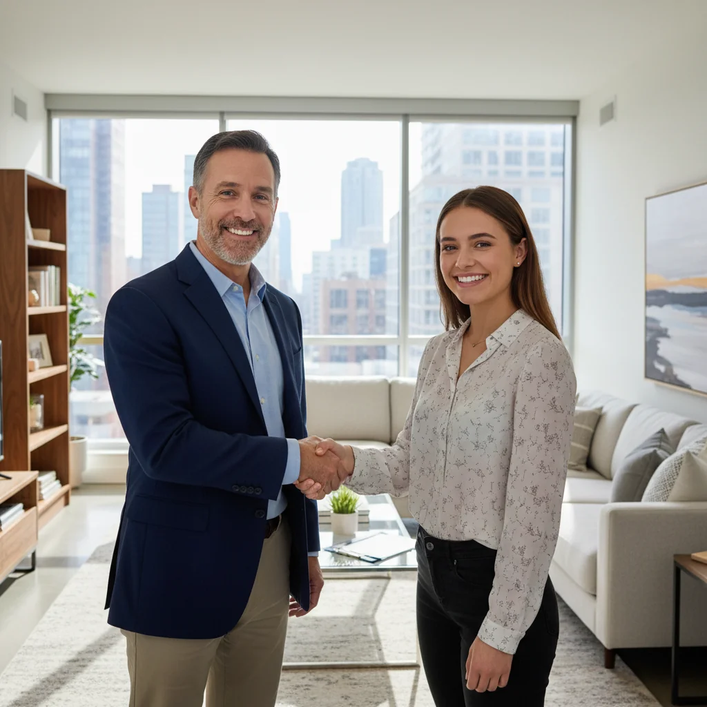 A photorealistic image of a professional landlord and tenant shaking hands in a modern apartment, symbolizing trust and agreement in rental arrangements, with a warm and positive atmosphere.