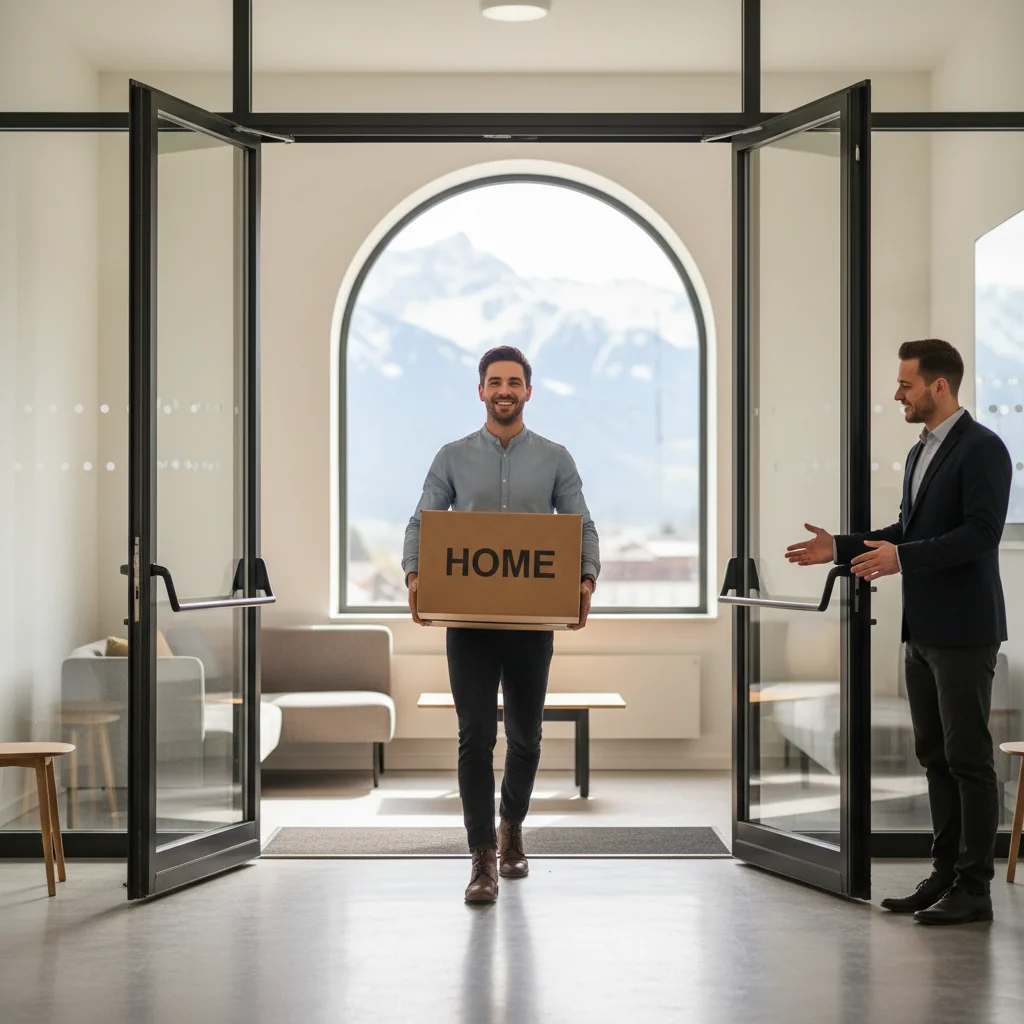 A photorealistic image of a young adult tenant happily moving into a modern Swiss apartment building, carrying a moving box with essentials, symbolizing the start of a new rental agreement and the positive aspect of obtaining a tenant reference for secure housing in Switzerland.