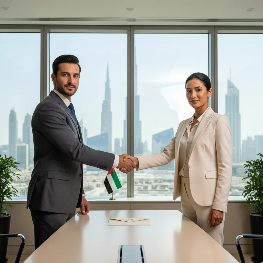 A photorealistic image of a professional business meeting in a modern office in the UAE, featuring adults shaking hands over a reference letter, with UAE skyline in the background, symbolizing trust and reference in business without focusing on the document itself.