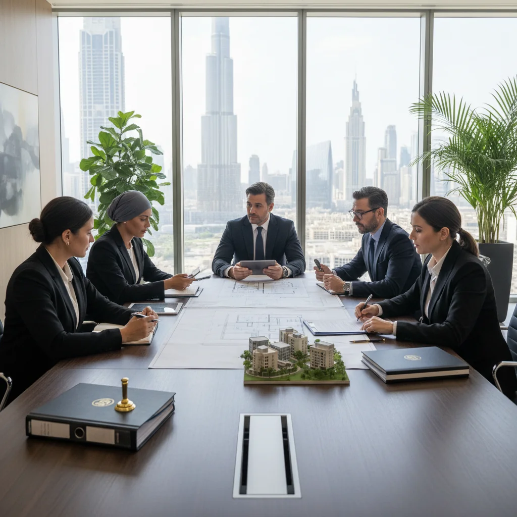 A photorealistic image of a professional business meeting in a modern UAE office setting, symbolizing trust, agreement, and legal assurance in real estate transactions, with adults in business attire discussing over architectural plans of a property, evoking the importance of reference letters from property owners in the Emirates.