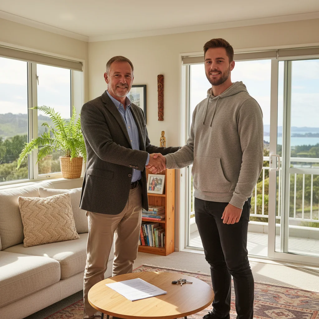 A photorealistic image of a friendly landlord and an adult tenant shaking hands in a modern New Zealand apartment, symbolizing a positive rental reference and successful tenancy agreement.